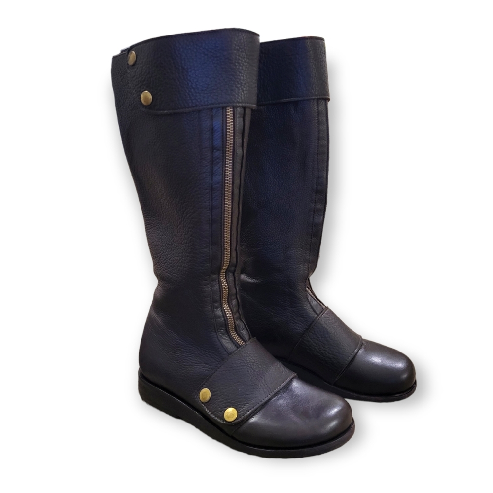 Calleen Cordero Zipper Front Leather Knee-High Riding Boots Brown 7.5